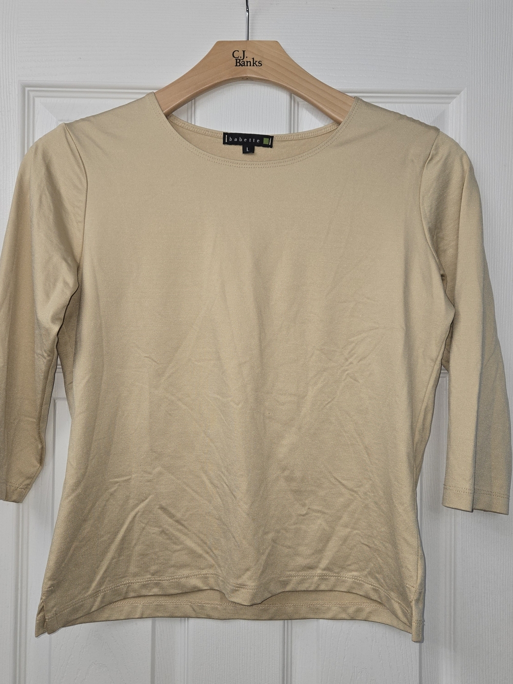 Babette Size L Beige Tan Tactel Lycra 3/4 Sleeve Crewneck Top Made in USA